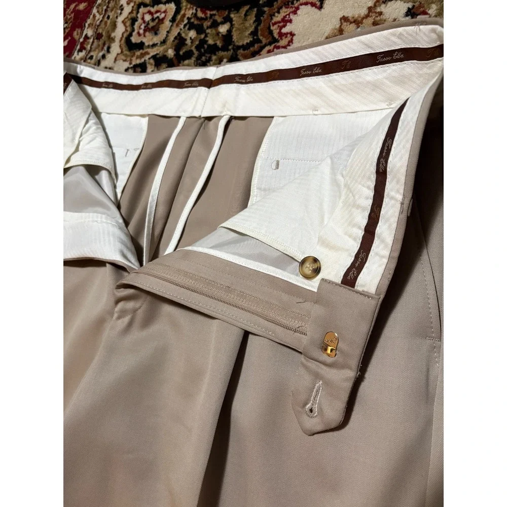 Tasso Elba Wool Dress Pants Mens 35x31 Beige Pleated Cuffed